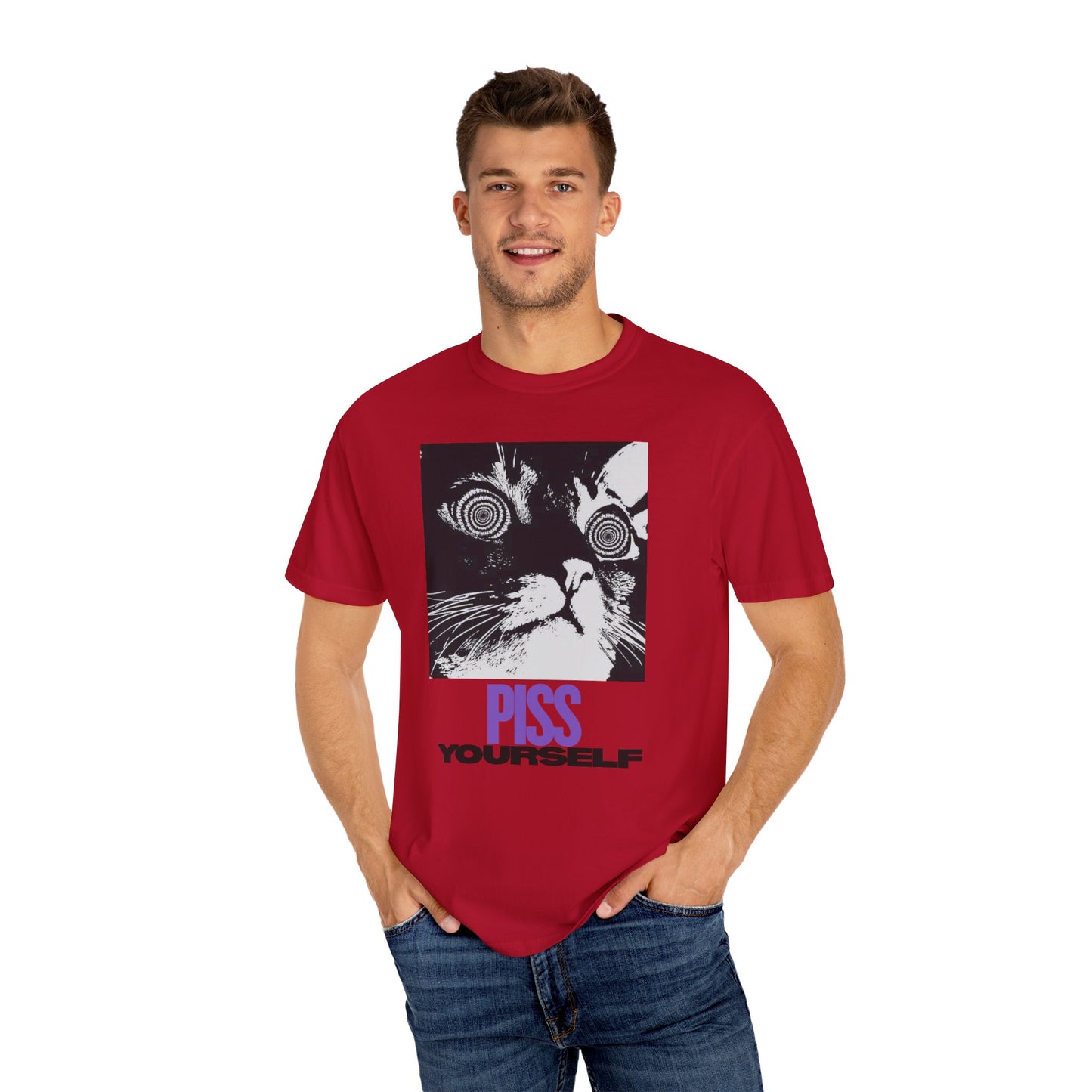 Funny Cat T-Shirt, Unisex Tee, Quirky Gift for Cat Lovers, Humorous Apparel for Friends, Perfect for Birthdays and Everyday Wear, Meme Cat, Piss Yourself, PG-13