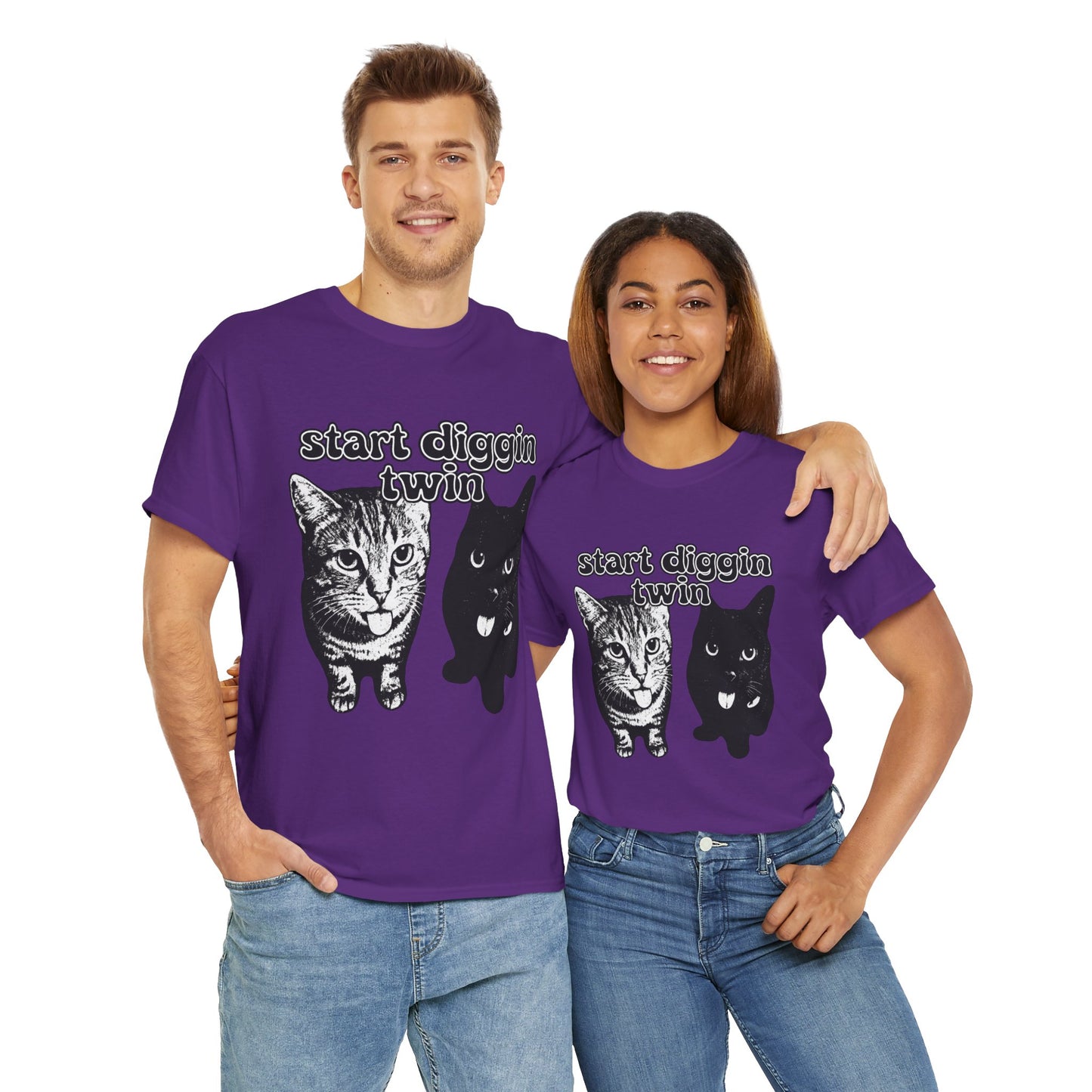 Cat Lover's Heavy Cotton Tee - "Start Diggin' Twin" Cute Meme Shirt, Gift for Cat Owners, Gift for Teens, Genz Gift, Brainrot, Animal Lover's Apparel, Funny T-Shirt