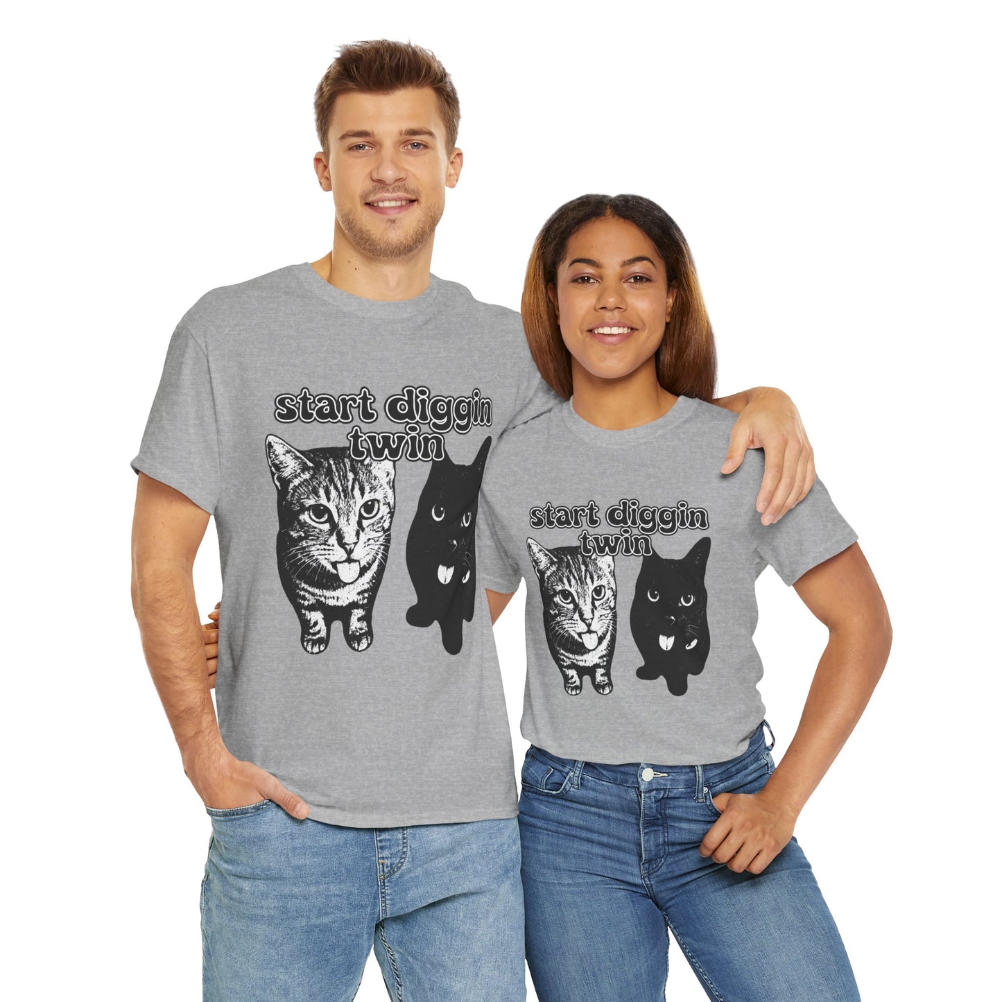 Cat Lover's Heavy Cotton Tee - "Start Diggin' Twin" Cute Meme Shirt, Gift for Cat Owners, Gift for Teens, Genz Gift, Brainrot, Animal Lover's Apparel, Funny T-Shirt