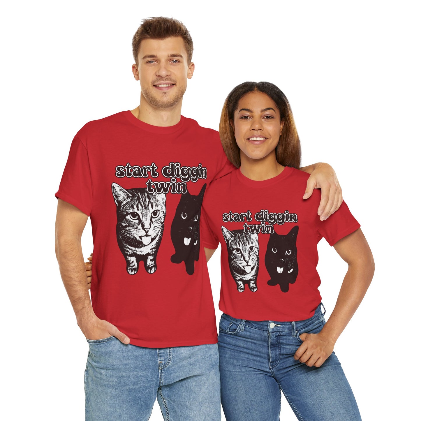 Cat Lover's Heavy Cotton Tee - "Start Diggin' Twin" Cute Meme Shirt, Gift for Cat Owners, Gift for Teens, Genz Gift, Brainrot, Animal Lover's Apparel, Funny T-Shirt