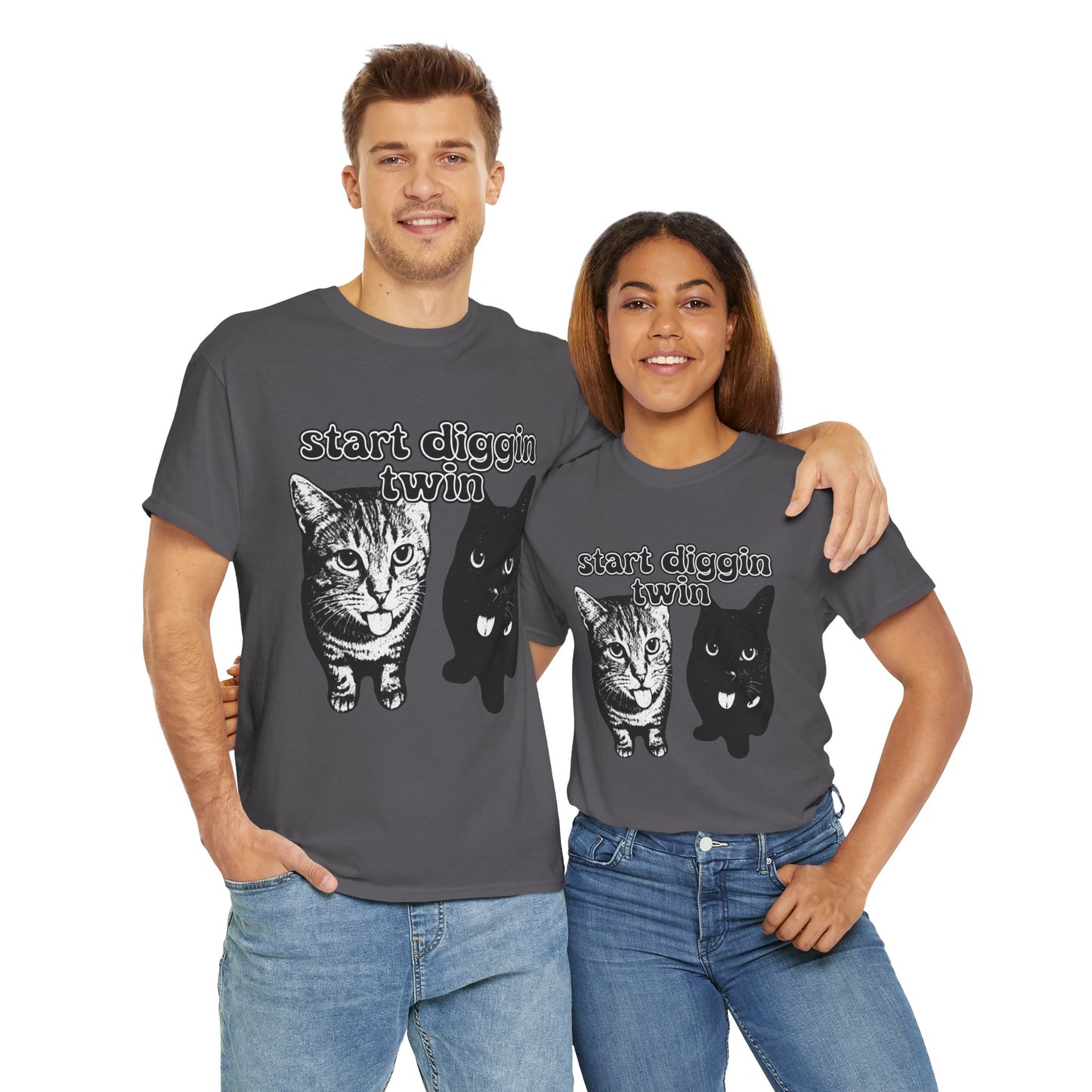 Cat Lover's Heavy Cotton Tee - "Start Diggin' Twin" Cute Meme Shirt, Gift for Cat Owners, Gift for Teens, Genz Gift, Brainrot, Animal Lover's Apparel, Funny T-Shirt