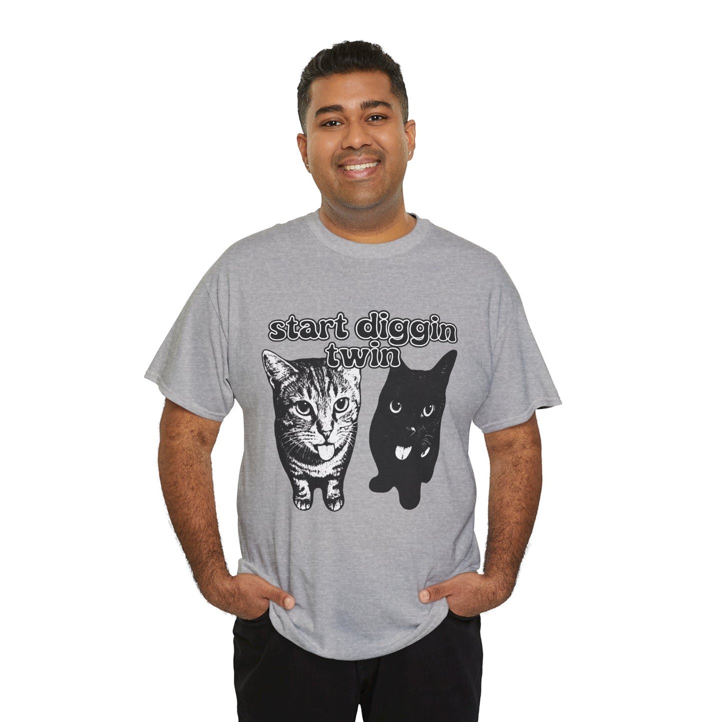 Cat Lover's Heavy Cotton Tee - "Start Diggin' Twin" Cute Meme Shirt, Gift for Cat Owners, Gift for Teens, Genz Gift, Brainrot, Animal Lover's Apparel, Funny T-Shirt