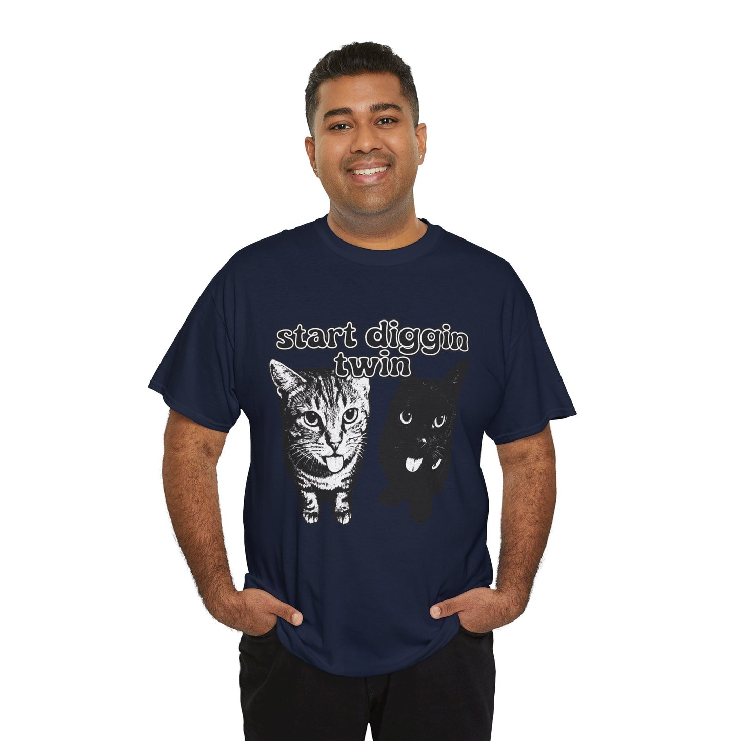 Cat Lover's Heavy Cotton Tee - "Start Diggin' Twin" Cute Meme Shirt, Gift for Cat Owners, Gift for Teens, Genz Gift, Brainrot, Animal Lover's Apparel, Funny T-Shirt
