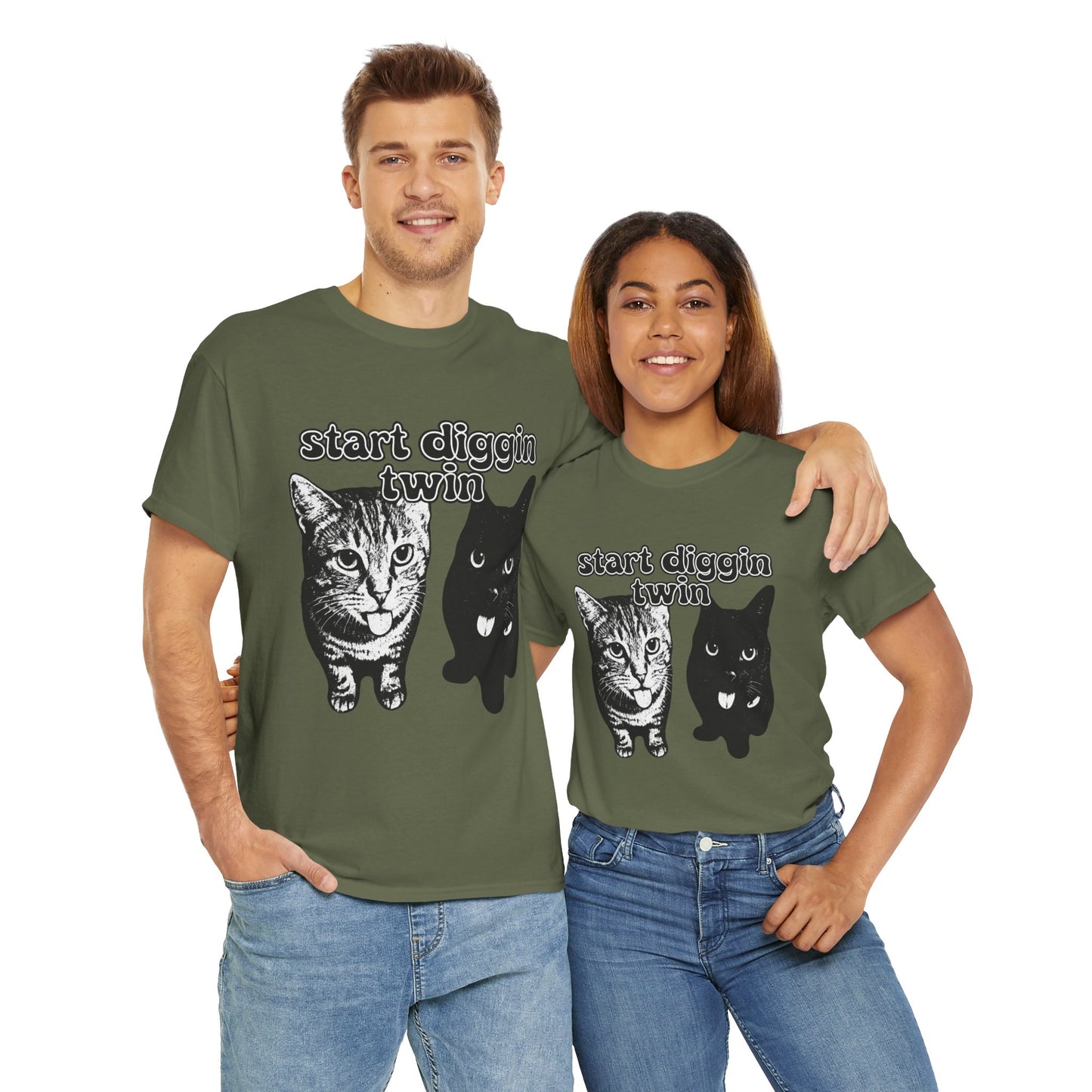 Cat Lover's Heavy Cotton Tee - "Start Diggin' Twin" Cute Meme Shirt, Gift for Cat Owners, Gift for Teens, Genz Gift, Brainrot, Animal Lover's Apparel, Funny T-Shirt