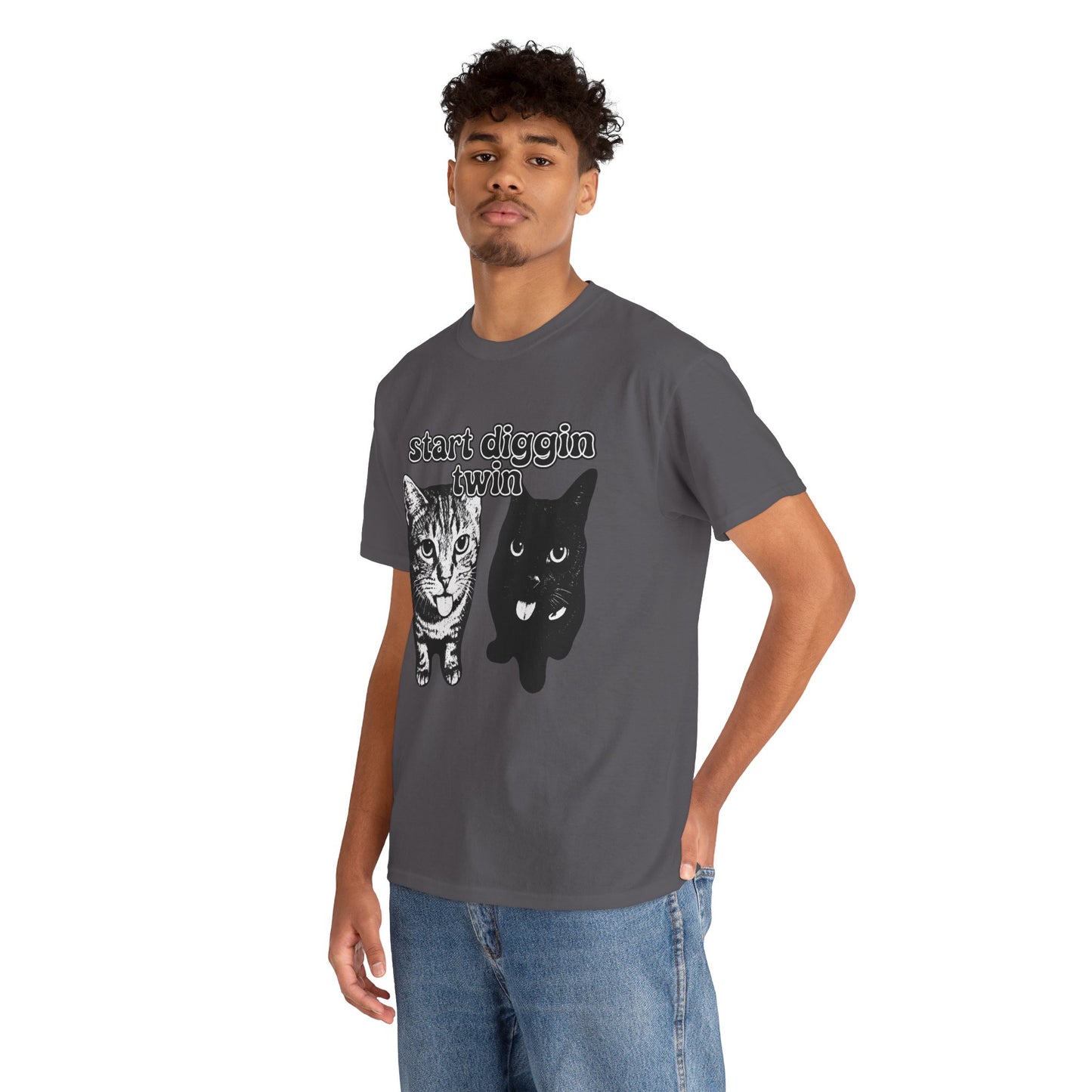Cat Lover's Heavy Cotton Tee - "Start Diggin' Twin" Cute Meme Shirt, Gift for Cat Owners, Gift for Teens, Genz Gift, Brainrot, Animal Lover's Apparel, Funny T-Shirt