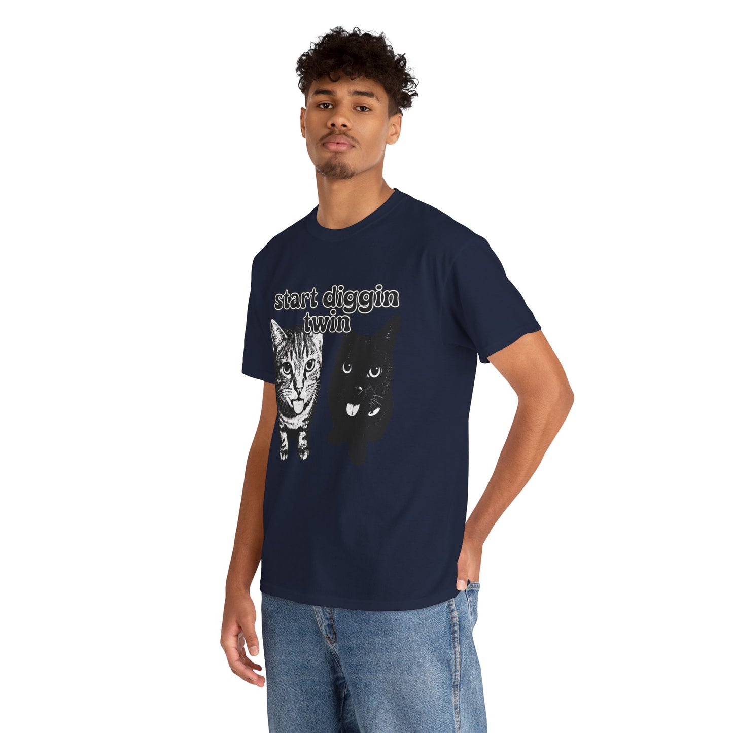 Cat Lover's Heavy Cotton Tee - "Start Diggin' Twin" Cute Meme Shirt, Gift for Cat Owners, Gift for Teens, Genz Gift, Brainrot, Animal Lover's Apparel, Funny T-Shirt