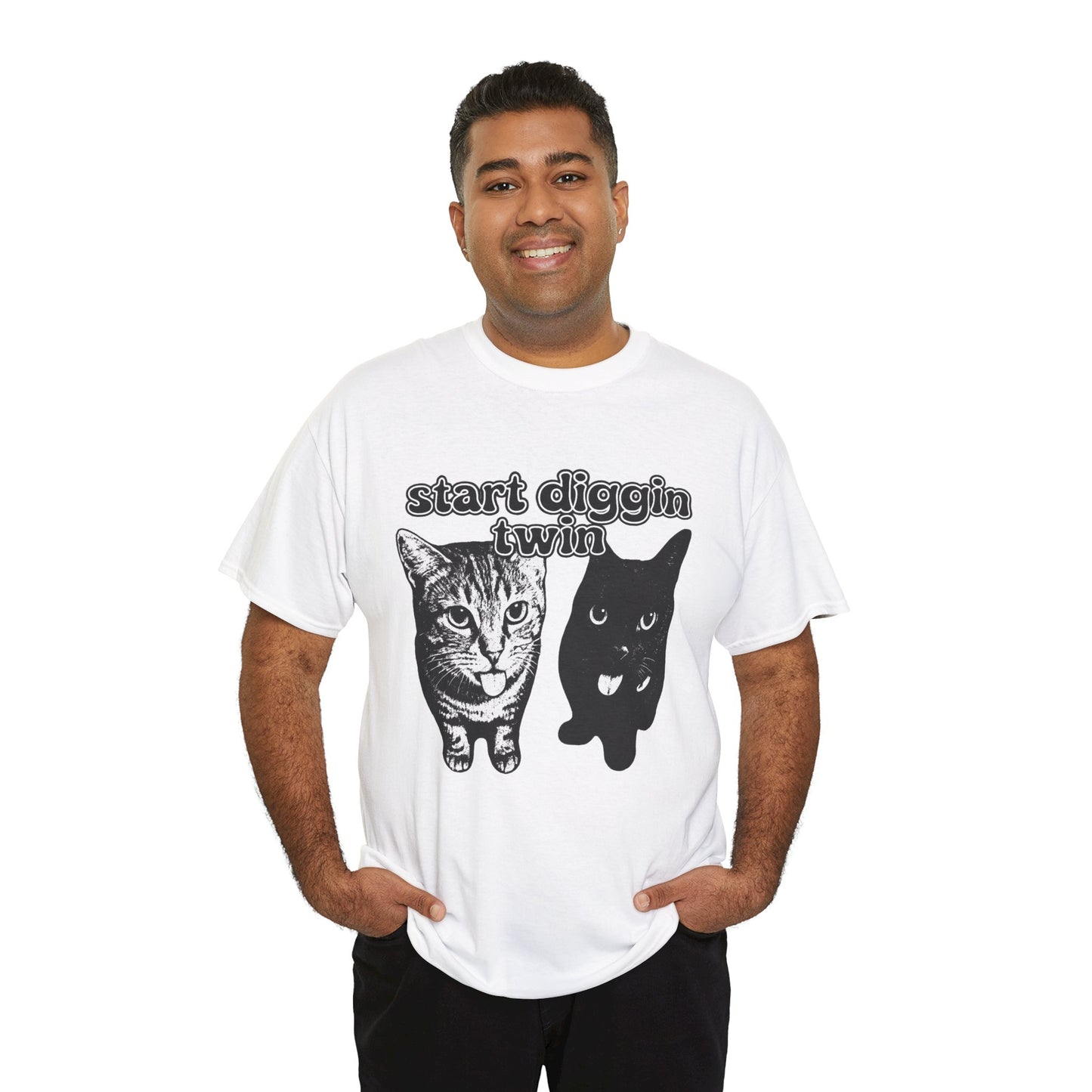 Cat Lover's Heavy Cotton Tee - "Start Diggin' Twin" Cute Meme Shirt, Gift for Cat Owners, Gift for Teens, Genz Gift, Brainrot, Animal Lover's Apparel, Funny T-Shirt