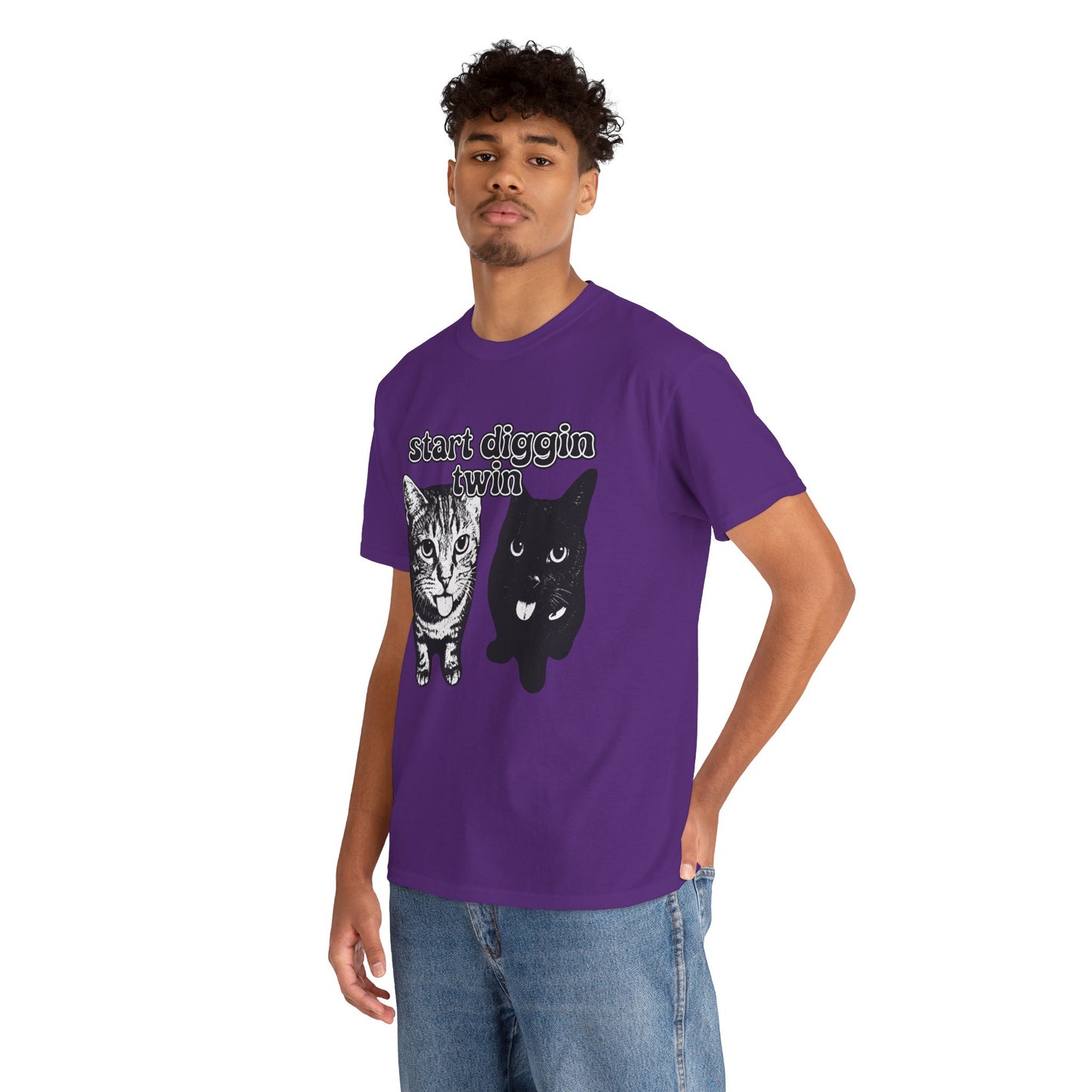 Cat Lover's Heavy Cotton Tee - "Start Diggin' Twin" Cute Meme Shirt, Gift for Cat Owners, Gift for Teens, Genz Gift, Brainrot, Animal Lover's Apparel, Funny T-Shirt