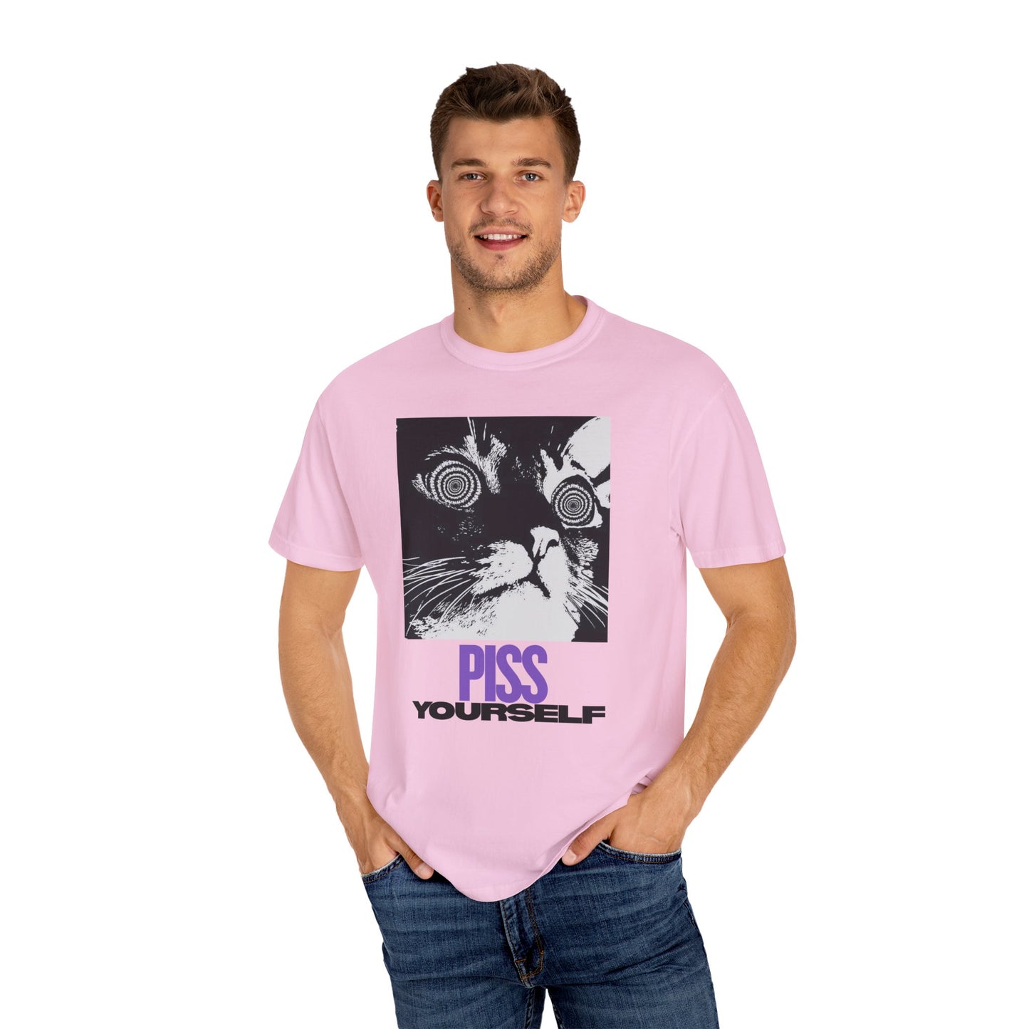Funny Cat T-Shirt, Unisex Tee, Quirky Gift for Cat Lovers, Humorous Apparel for Friends, Perfect for Birthdays and Everyday Wear, Meme Cat, Piss Yourself, PG-13