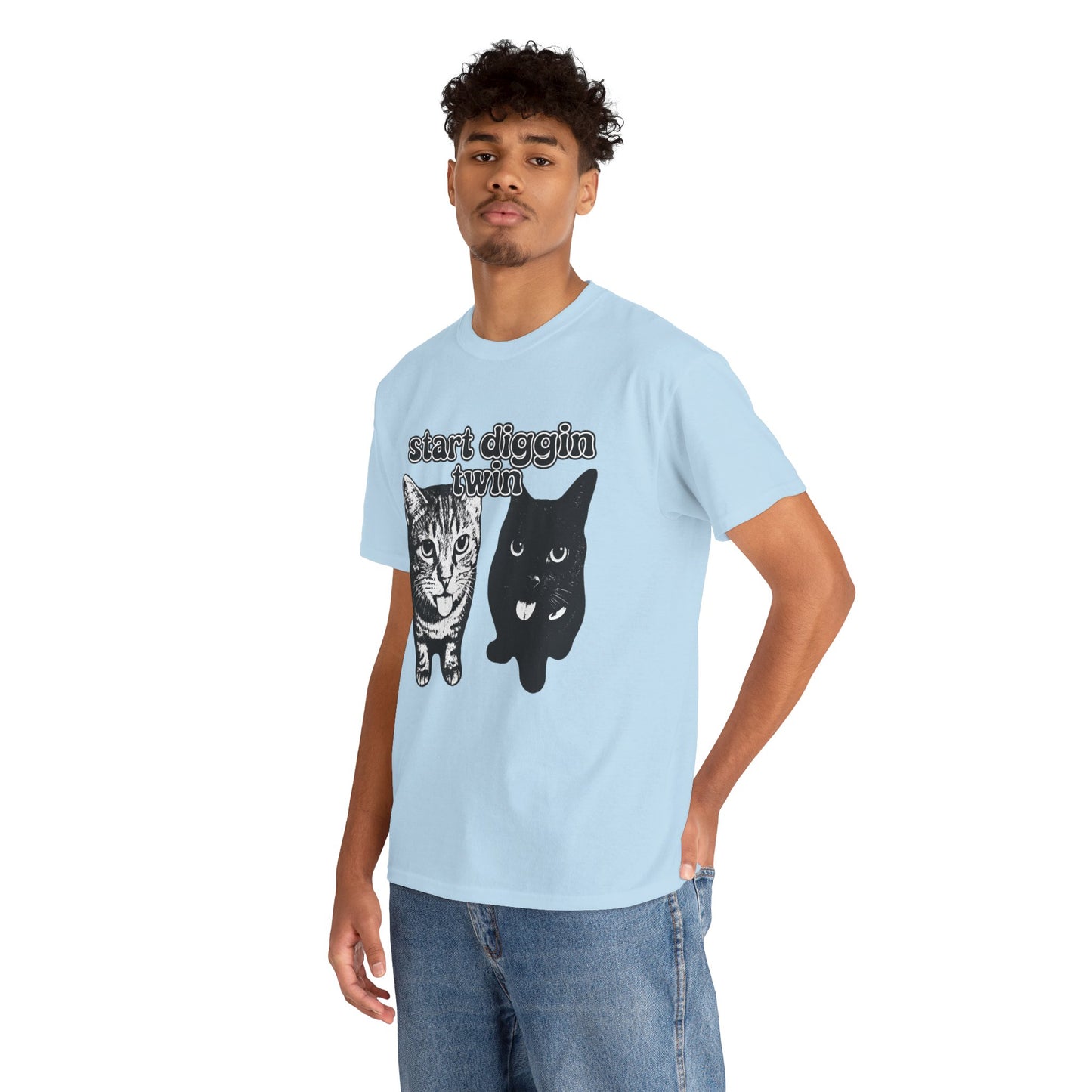 Cat Lover's Heavy Cotton Tee - "Start Diggin' Twin" Cute Meme Shirt, Gift for Cat Owners, Gift for Teens, Genz Gift, Brainrot, Animal Lover's Apparel, Funny T-Shirt