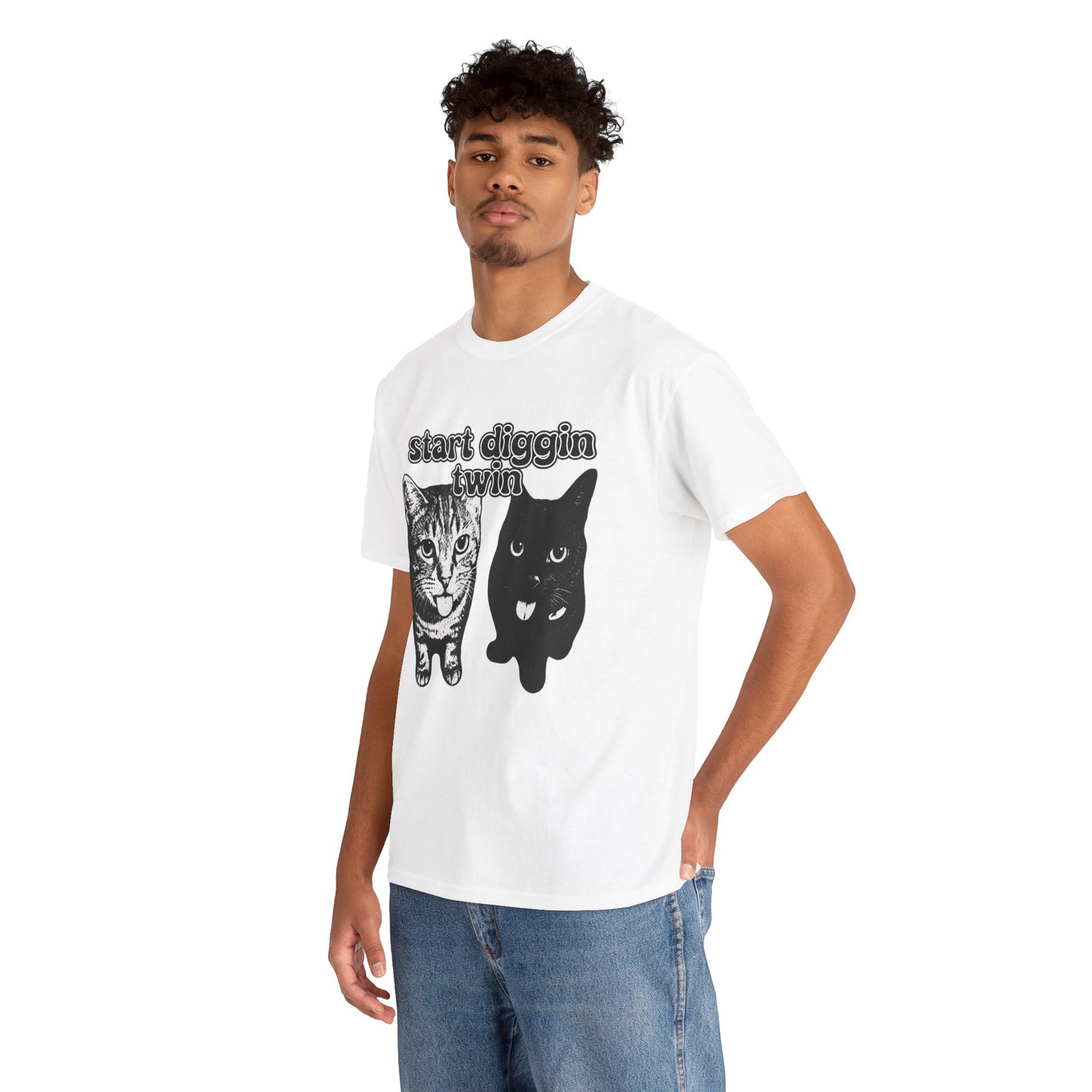 Cat Lover's Heavy Cotton Tee - "Start Diggin' Twin" Cute Meme Shirt, Gift for Cat Owners, Gift for Teens, Genz Gift, Brainrot, Animal Lover's Apparel, Funny T-Shirt