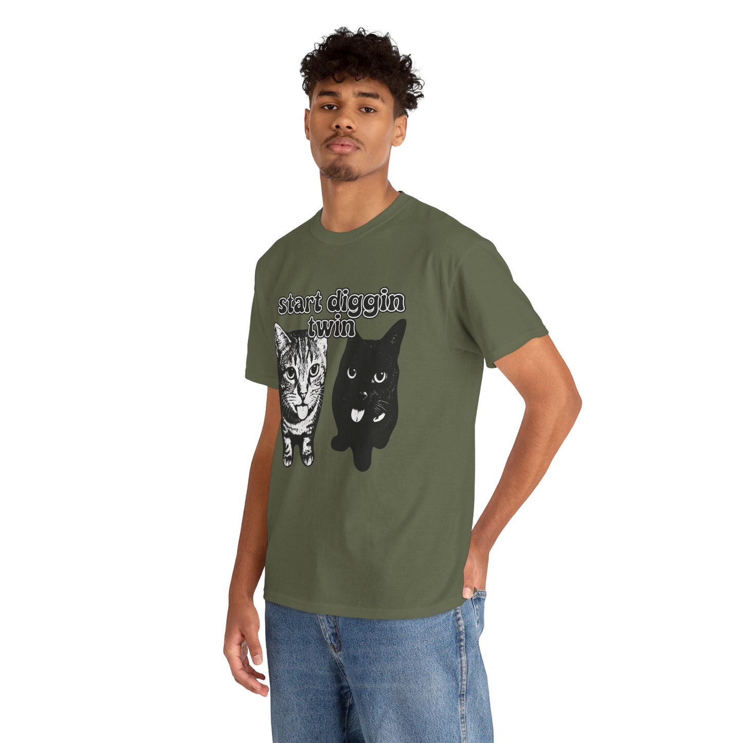 Cat Lover's Heavy Cotton Tee - "Start Diggin' Twin" Cute Meme Shirt, Gift for Cat Owners, Gift for Teens, Genz Gift, Brainrot, Animal Lover's Apparel, Funny T-Shirt