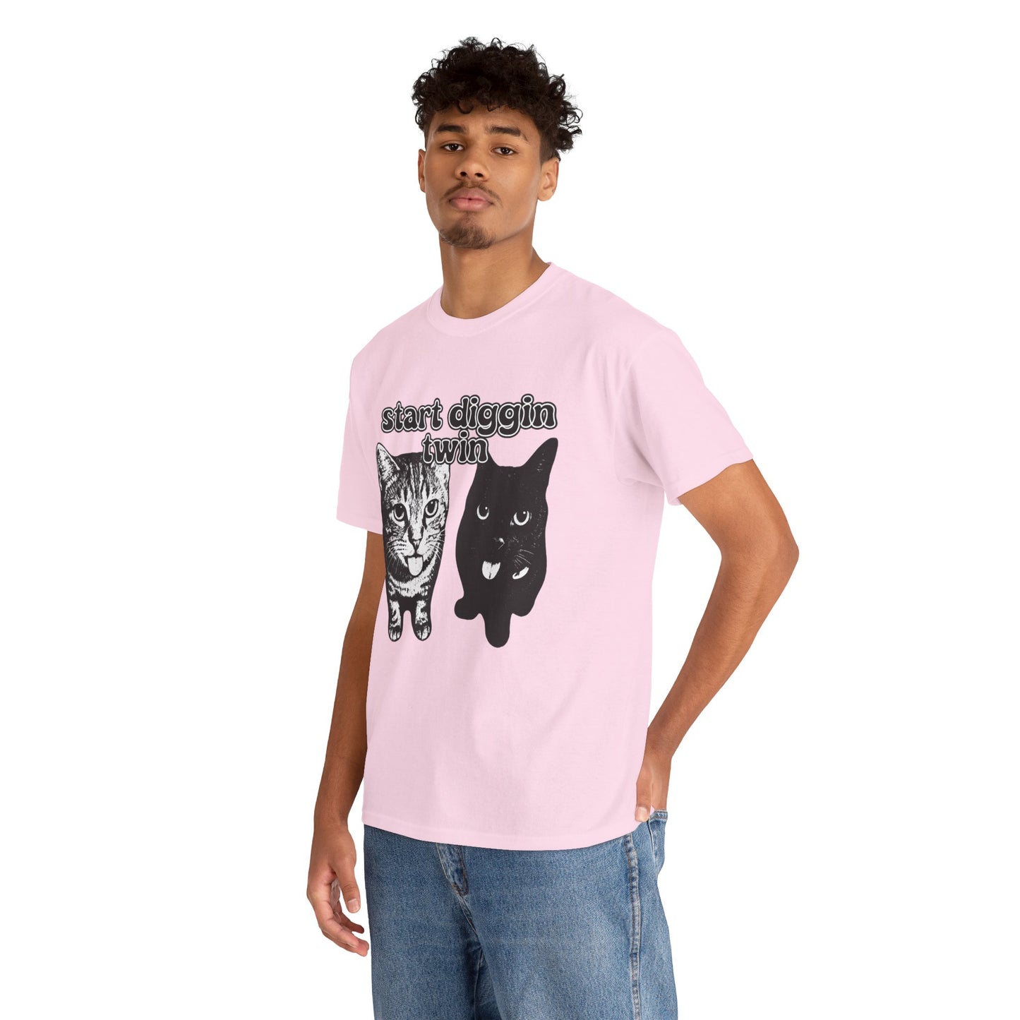 Cat Lover's Heavy Cotton Tee - "Start Diggin' Twin" Cute Meme Shirt, Gift for Cat Owners, Gift for Teens, Genz Gift, Brainrot, Animal Lover's Apparel, Funny T-Shirt