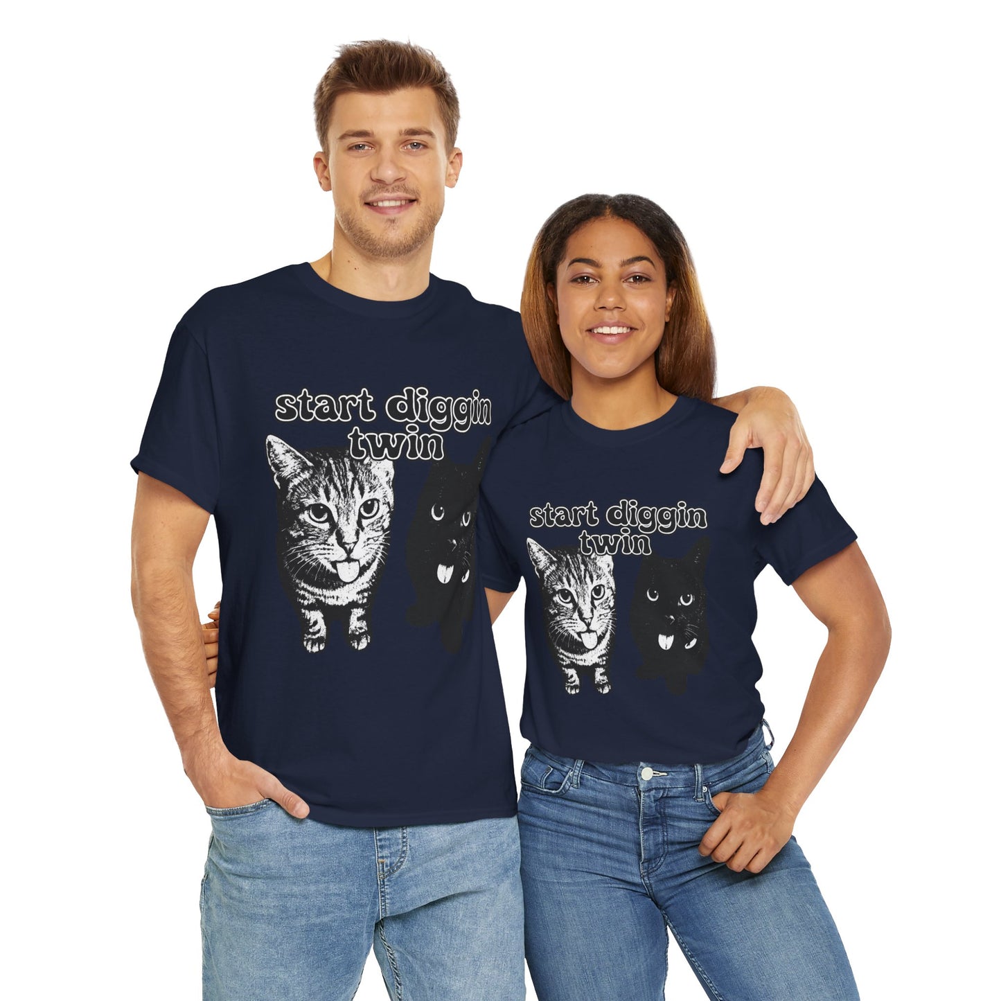 Cat Lover's Heavy Cotton Tee - "Start Diggin' Twin" Cute Meme Shirt, Gift for Cat Owners, Gift for Teens, Genz Gift, Brainrot, Animal Lover's Apparel, Funny T-Shirt