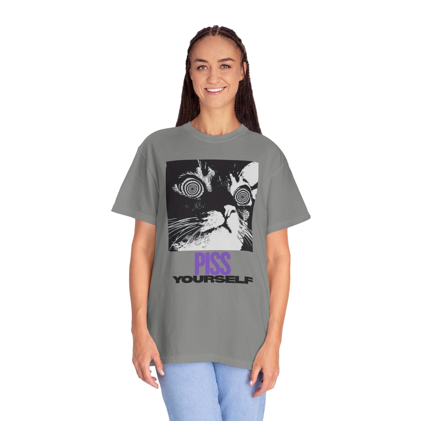 Funny Cat T-Shirt, Unisex Tee, Quirky Gift for Cat Lovers, Humorous Apparel for Friends, Perfect for Birthdays and Everyday Wear, Meme Cat, Piss Yourself, PG-13