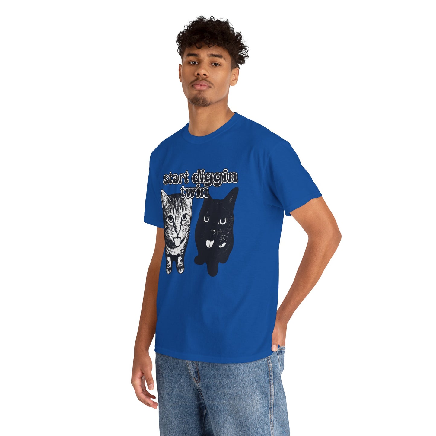 Cat Lover's Heavy Cotton Tee - "Start Diggin' Twin" Cute Meme Shirt, Gift for Cat Owners, Gift for Teens, Genz Gift, Brainrot, Animal Lover's Apparel, Funny T-Shirt