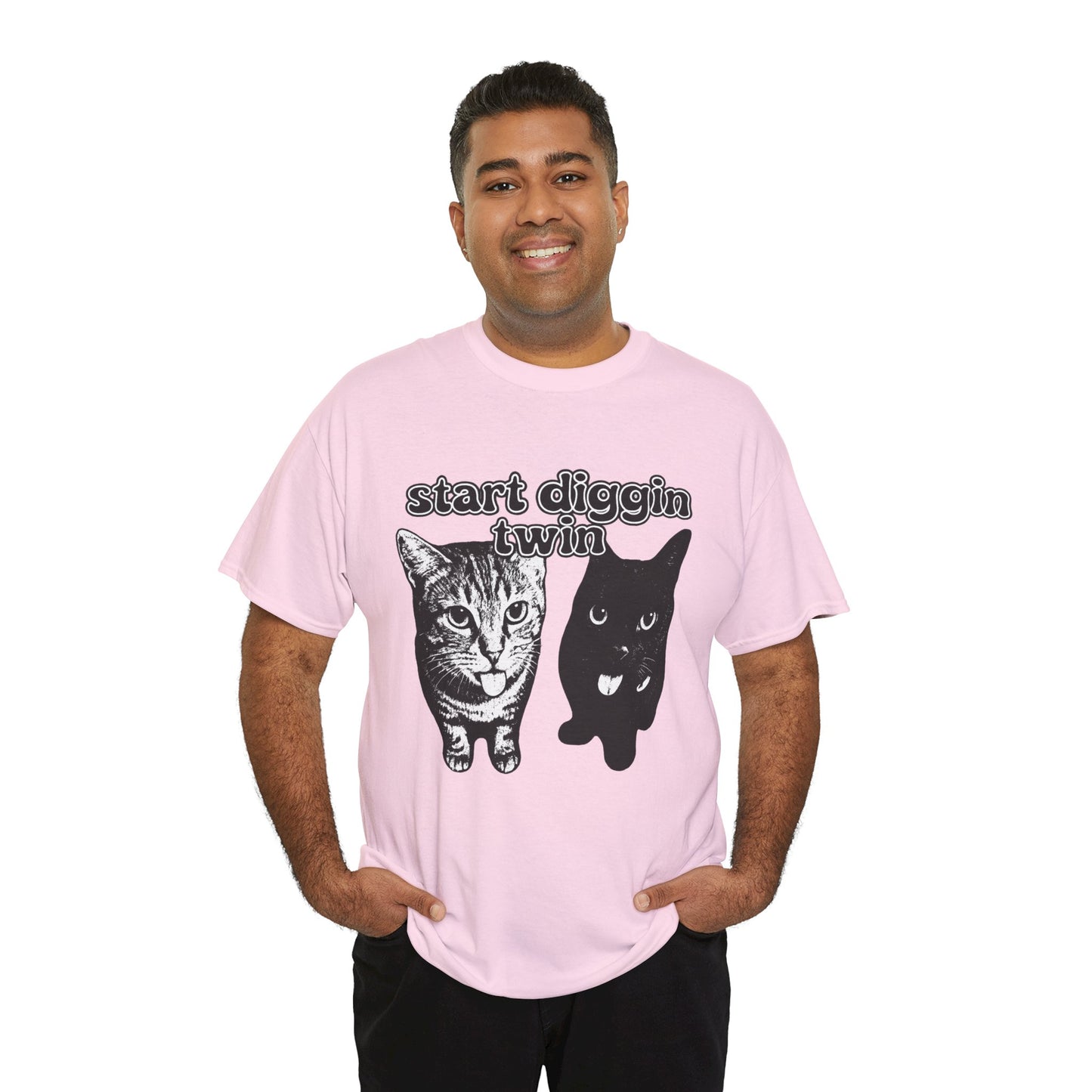 Cat Lover's Heavy Cotton Tee - "Start Diggin' Twin" Cute Meme Shirt, Gift for Cat Owners, Gift for Teens, Genz Gift, Brainrot, Animal Lover's Apparel, Funny T-Shirt
