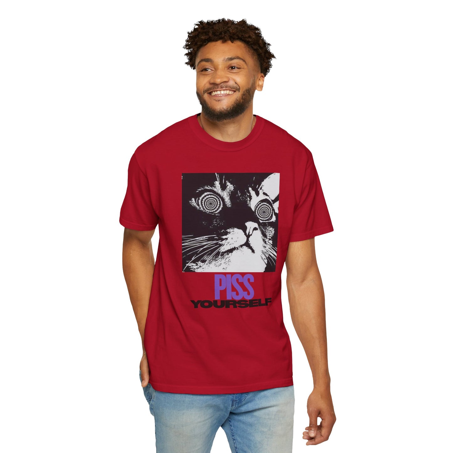 Funny Cat T-Shirt, Unisex Tee, Quirky Gift for Cat Lovers, Humorous Apparel for Friends, Perfect for Birthdays and Everyday Wear, Meme Cat, Piss Yourself, PG-13