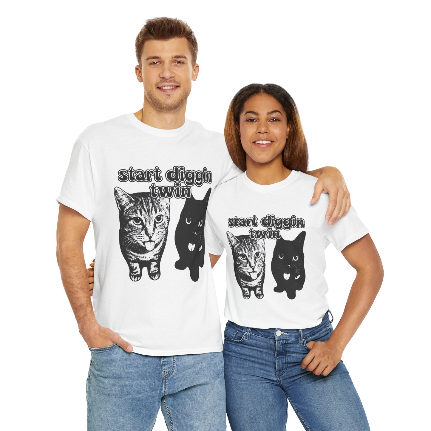 Cat Lover's Heavy Cotton Tee - "Start Diggin' Twin" Cute Meme Shirt, Gift for Cat Owners, Gift for Teens, Genz Gift, Brainrot, Animal Lover's Apparel, Funny T-Shirt