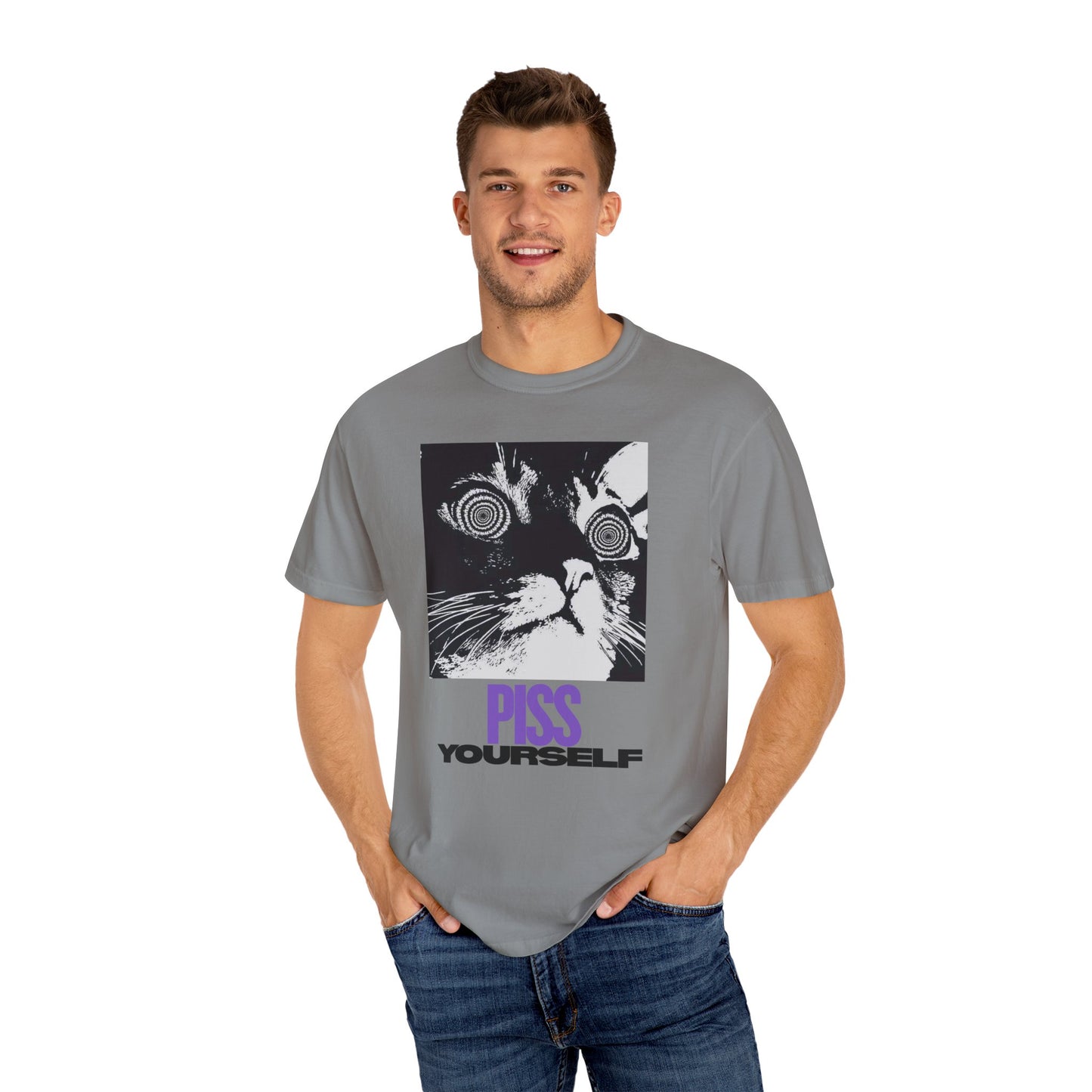 Funny Cat T-Shirt, Unisex Tee, Quirky Gift for Cat Lovers, Humorous Apparel for Friends, Perfect for Birthdays and Everyday Wear, Meme Cat, Piss Yourself, PG-13