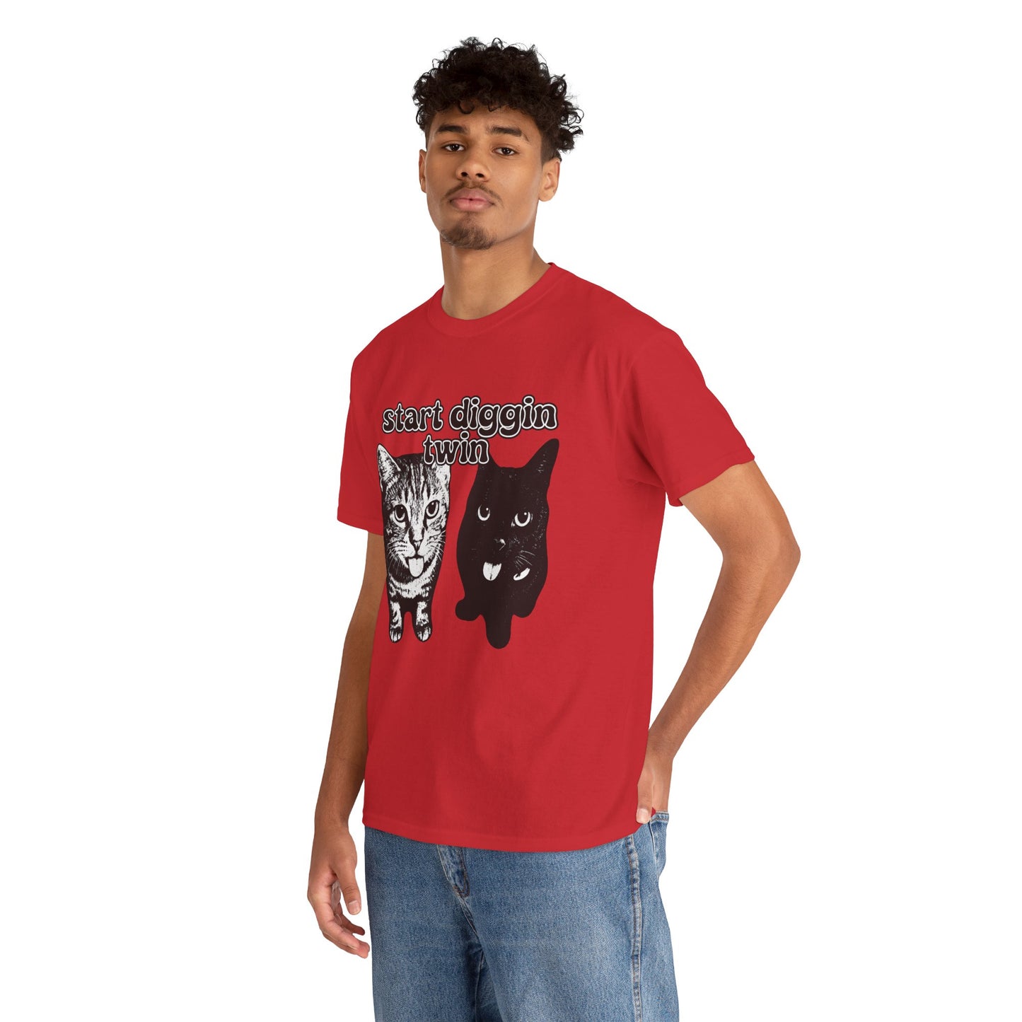 Cat Lover's Heavy Cotton Tee - "Start Diggin' Twin" Cute Meme Shirt, Gift for Cat Owners, Gift for Teens, Genz Gift, Brainrot, Animal Lover's Apparel, Funny T-Shirt