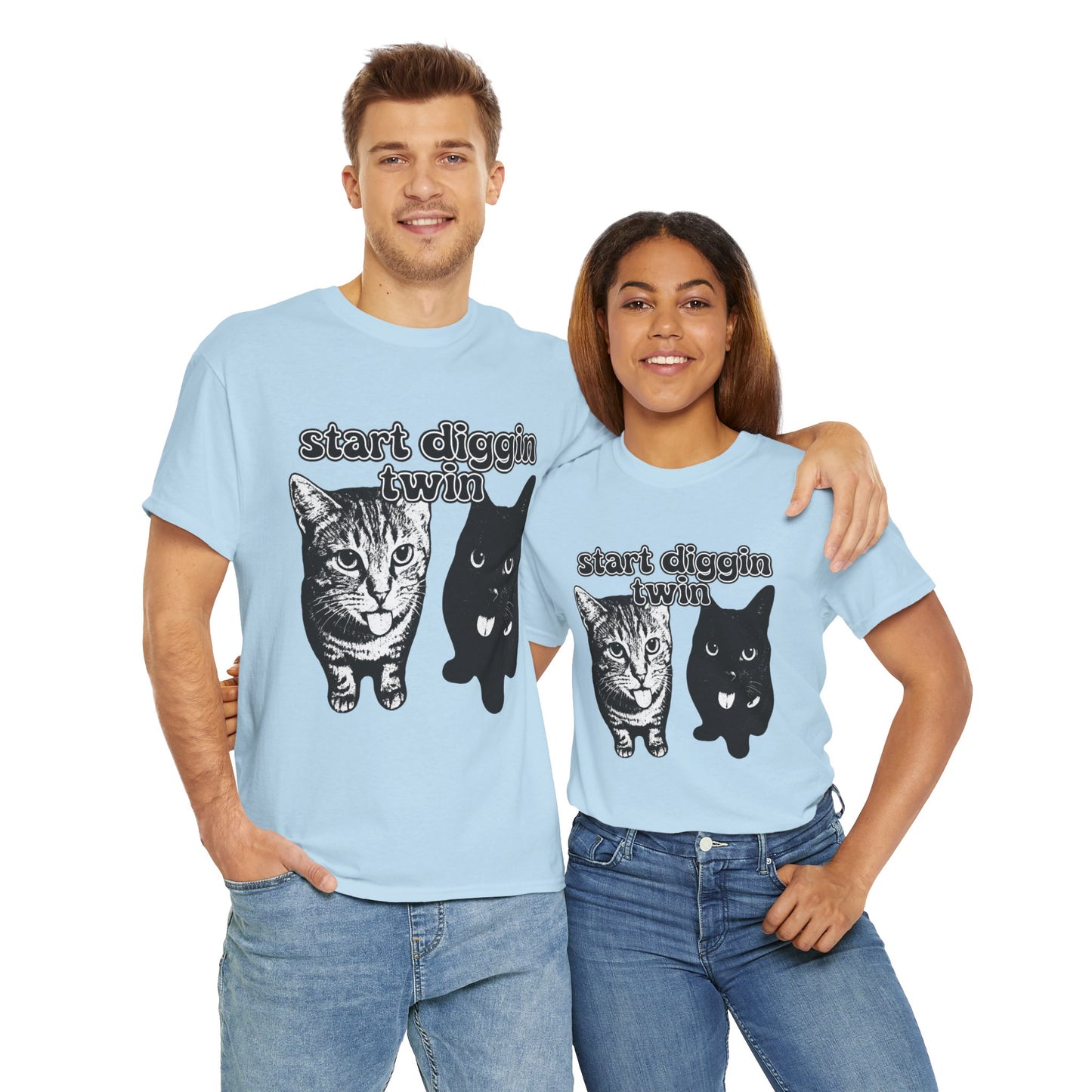 Cat Lover's Heavy Cotton Tee - "Start Diggin' Twin" Cute Meme Shirt, Gift for Cat Owners, Gift for Teens, Genz Gift, Brainrot, Animal Lover's Apparel, Funny T-Shirt