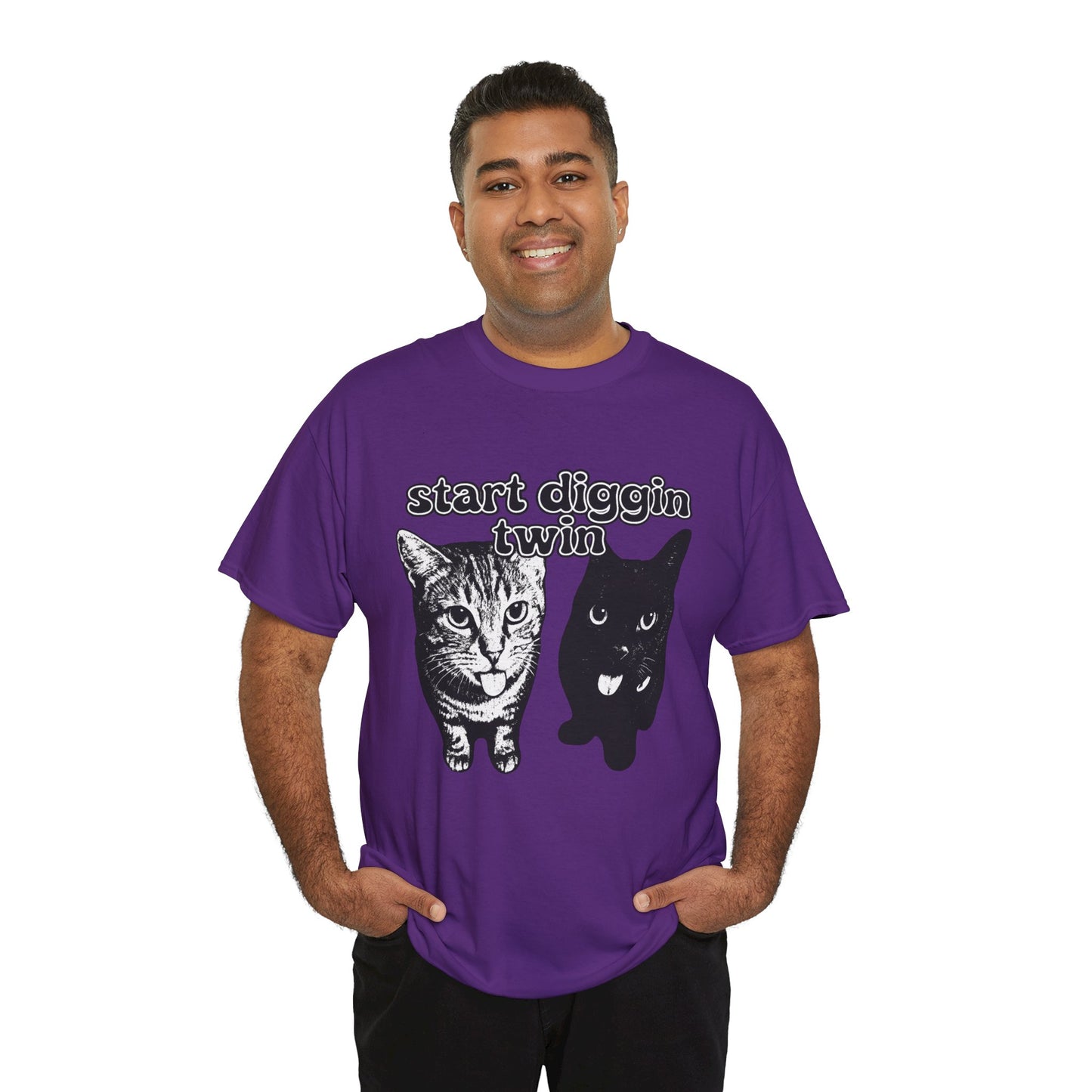 Cat Lover's Heavy Cotton Tee - "Start Diggin' Twin" Cute Meme Shirt, Gift for Cat Owners, Gift for Teens, Genz Gift, Brainrot, Animal Lover's Apparel, Funny T-Shirt