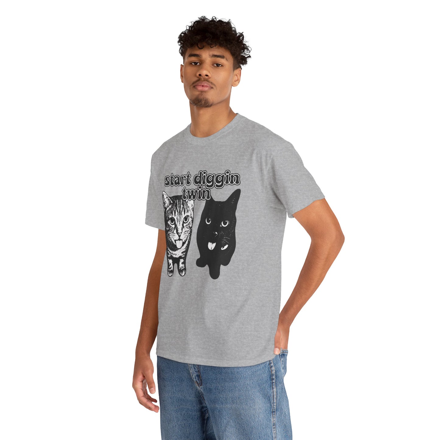 Cat Lover's Heavy Cotton Tee - "Start Diggin' Twin" Cute Meme Shirt, Gift for Cat Owners, Gift for Teens, Genz Gift, Brainrot, Animal Lover's Apparel, Funny T-Shirt
